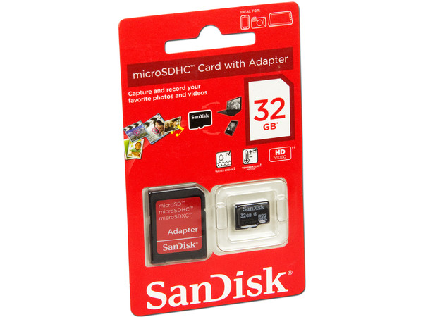 Memoria SanDisk MicroSDHC de 32 GB Clase 4, incluye adaptador SD.