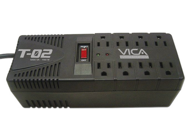 Regulador VICA T-02 1200VA/700W de 8 contactos y protección para linea telefónica.